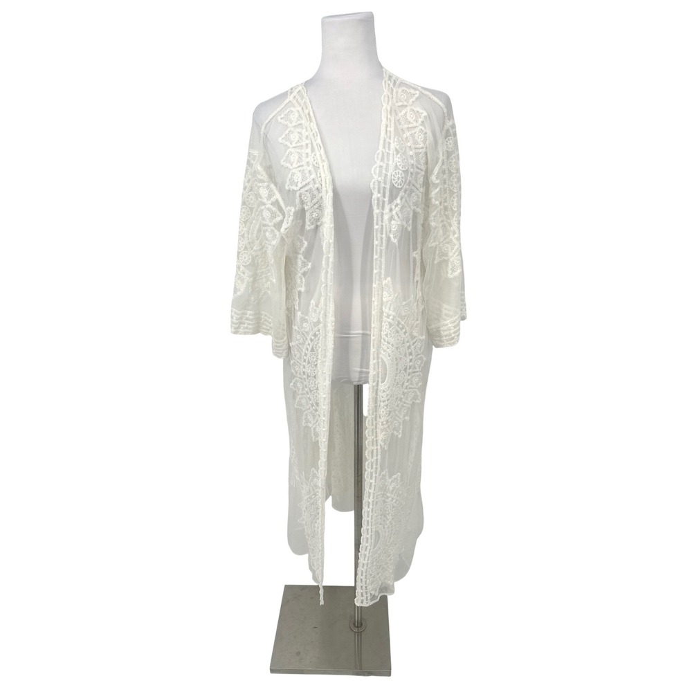 Rachel Zoe Kimono Cardigan Duster Women OS Ivory Lace Sheer Boho Fairy Coverup
